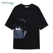 布景T恤女夏季動(dòng)物貓咪印花圓領(lǐng)短袖寬松T恤 黑色 S