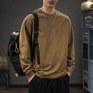 古先森秋季260g重磅純棉長(cháng)袖T恤男寬松大碼春秋季圓領(lǐng)內搭純色打底衫 深咖色 XL 【145-160斤】