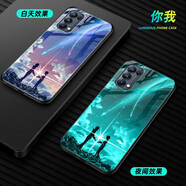 海岱 opporeno5k手機殼reno5k玻璃夜光全包防摔硅膠鏡面軟邊硬殼男女情侶款潮牌保護套 reno5k-你我-夜光-配膜