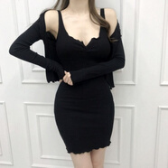AYfsis高端性感超性感裙子女緊身木耳邊薄款開衫吊帶包臀連衣裙套裝 黑色 80-130斤