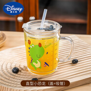 迪士尼（Disney）鋼化玻璃杯防摔家用兒童牛奶杯刻度喝水杯子女可加熱奶粉杯 鋼化直身杯(棒球龍)+蓋+吸管