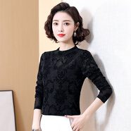 蔚曼（Veevmand）蕾絲打底衫女長袖2024春秋裝新款上衣蕾絲衫半高領(lǐng)內(nèi)搭小立領(lǐng)女裝 黑色-不加絨 XL(105-120斤)