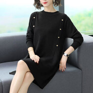 意枕上大碼女裝毛衣連衣裙女秋冬季加厚寬松外穿胖mm200斤長(cháng)款針織毛衫 黑色 L 建議：100-110斤