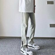 卡圖弛微喇叭牛仔褲男夏季水洗褲子美式高街潮牌直筒修身顯瘦復(fù)古長(zhǎng)褲 黃色 L 【建議110-125斤】