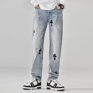 沐發(fā)美式高街十字架牛仔褲男2024新款休閑直筒潮牌修身顯瘦痞帥小腳褲 藍(lán)色 L 推薦110-130