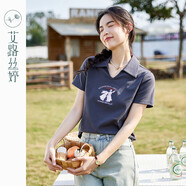 艾路絲婷刺繡V領(lǐng)POLO衫t恤女短袖2024年夏季新款正肩顯瘦翻領(lǐng)上衣04126 碳灰 L