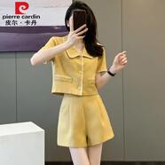 皮爾卡丹（pierre cardin）小香風(fēng)職業(yè)套裝女夏裝2024新款夏季休閑感氣質(zhì)名媛短褲兩件套套裝 黃色【兩件套】 L【建議110-120斤】