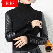 HLHP皮袖打底衫女冬皮內(nèi)搭配仿皮草馬甲的加絨加厚羽絨棉袖子高領(lǐng)毛衣 短1款 高1領(lǐng)  全身加絨 L 111-120斤