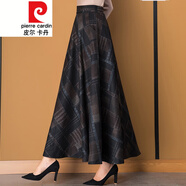 皮爾卡丹冬季毛呢格子半身裙長(zhǎng)裙女秋冬加厚a字裙氣質(zhì)加厚大擺裙針織 栗色 復(fù)古塊 S