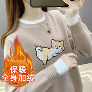 LNAN卡通毛衣女2025秋冬季新款韓版百搭寬松加厚圓領(lǐng)套頭針織打底衫 卡其色[加絨加厚] M (建議95-105斤)