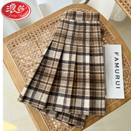 浪莎（LangSha）棕色毛呢加厚格子百褶裙女秋冬高腰防走光半身裙子顯瘦a字短褲裙 毛呢卡其格 S