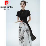 皮爾卡丹（pierre cardin）夏季女裝新中式國風(fēng)改良旗袍清冷感水墨畫連衣裙小個(gè)子禮服禪意風(fēng) 黑色 XL 115-125斤