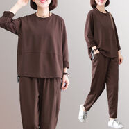 星垂曉霧媽媽裝休閑運動(dòng)服兩件套女夏季春秋季新款韓版寬松加大碼中老年休 套裝-咖啡色 3XL 建議130-150斤
