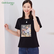 布景T恤女夏季新品簡約潮流撞色印花短袖直筒上衣女 黑色 S