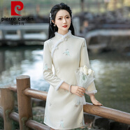 皮爾卡丹（pierre cardin）加絨加厚刺繡150小個(gè)子a版改良旗袍2025冬季新款長(cháng)袖文藝年輕洋氣 米色帶毛領(lǐng) 麂皮絨 加絨 2XL 115-125斤