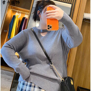 胖妹妹打底衫遮肉打底衫女秋冬內搭秋冬上衣大碼款大碼女裝胖mm純色百搭鏤空領口針織衫大彈力打底衫毛衣女 灰色 4XL (建議160-200斤  )