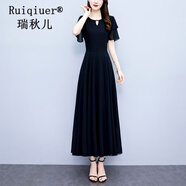 瑞秋兒短袖連衣裙女夏季新款女裝設(shè)計感收腰顯瘦氣質(zhì)修身洋氣長裙子夏天 黑色 2XL