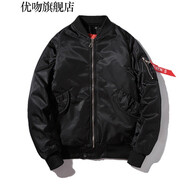 優(yōu)吻 秋冬季韓版純色飛行員夾克百搭寬松棒球服潮男女情侶加厚棉衣 1805加棉黑色【不帶帽】 S【100~110斤】