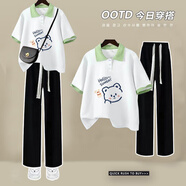 嘉綢青少女生中大童女孩衣服12到15歲夏天夏季套裝青少年初中生女裝涼 白色T恤+黑色庫 160 【建議86-105斤