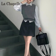 拉夏貝爾（La Chapelle）小香風(fēng)灰色圓領(lǐng)無(wú)袖針織背心馬甲女款2024春秋季外搭疊穿上衣 純100自動(dòng)發(fā)熱馬甲+襯衫(套裝) 純100自動(dòng)發(fā)熱L建議105-115斤
