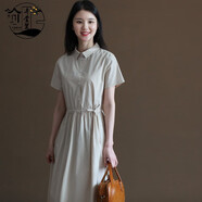 弄堂里春和景明夏季新款純棉星點(diǎn)襯衫裙復(fù)古文藝短袖中長款連衣裙女森 杏色 S