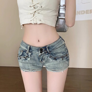 妙奕嘉辣妹牛仔超短褲女新款夏季外穿熱褲性感緊身顯瘦腿長緊身a字短褲 鉚釘?shù)脱Ｗ谐萄潯緩?fù)古藍(lán) S】