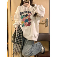 oversize美式復古衛衣女春秋季加絨加厚寬松慵懶風(fēng)設計感圓領(lǐng)上衣 白灰色【春秋薄款】 4XL ( 適合170-200斤 )