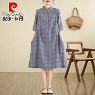 皮爾卡丹（pierre cardin）日系森女棉麻格子連衣裙女夏寬松休閑文藝氣質(zhì)半開立*領亞麻中長 藍白小格 XL 【建議125-145斤】