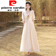 皮爾卡丹（pierre cardin）香檳色伴娘服女夏季新款結(jié)婚姐妹裙學生畢業(yè)禮服裙仙氣 香檳色214A款長 XS_80斤左右