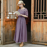 亂在江南文藝休閑棉麻連衣裙夏季新品收腰系帶簡(jiǎn)約舒適淡雅長(cháng)裙 紫色 均碼