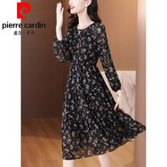 皮爾卡丹（pierre cardin）碎花雪紡連衣裙2024新款女春秋季長(zhǎng)袖洋氣裙子?jì)宭媽氣質(zhì)字裙針織 黑底花 L 【105-115斤】