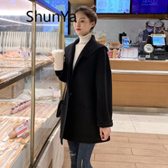 shunya潮牌 小個(gè)子雙面羊毛絨大衣女秋冬新款寬松顯瘦斗篷高端毛呢外套 黑色（高端手工不起球） M（126-160）斤