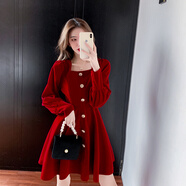 以歐春秋款訂婚裙子回門禮服新款長(zhǎng)袖方領(lǐng)絲絨高腰不規(guī)則連衣裙 796 紅色 XL