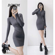 BCMDM香港潮牌彈力緊身包臀連衣裙女 2025春季新款性感顯瘦針織打底裙 灰色 M