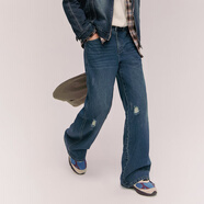 NO ONE ELSE字母貓須闊腿牛仔褲男女2025冬季新款高腰破洞長(cháng)褲子 牛仔藍 29