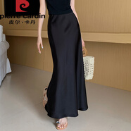 皮爾卡丹法式復(fù)古醋酸緞面半身裙女2025夏高級感顯瘦大擺高腰包臀魚尾長裙 黑色 L