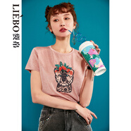 裂帛新短袖T恤女國潮童趣刺繡寬松打底內搭半袖上衣女 粉色 S