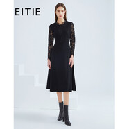 愛特愛（EITIE）春季新品商場同款時尚優(yōu)雅修身A擺蕾絲拼接連衣裙6407121 黑20 L 165