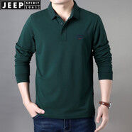 JEEP SPIRIT翻領(lǐng)長袖t恤寬松彈力春夏柔軟休閑開衩體恤衫莫代爾混紡薄款上衣 墨綠薄款 L (175) /96A建議135-145斤