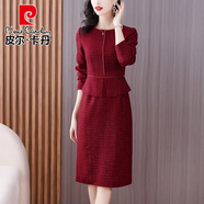 皮爾卡丹（pierre cardin）連衣裙2025新款女秋冬喜婆婆婚宴裝禮服加厚媽媽紅色毛呢裙子 紅色 XL