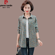 皮爾卡丹（pierre cardin）品牌中年襯衫外套女長袖燈芯絨碎花春秋寬松上衣中年人媽m裝襯衣 綠色 3XL【建議128-142斤】