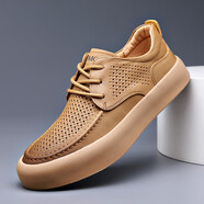 波佐斯（POEZONIS）男鞋真皮休閑工裝皮鞋英倫復古潮流大碼牛皮鞋子韓版潮流厚底板鞋 黃色（鏤空款） 45