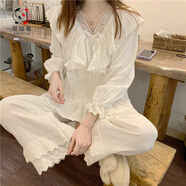 睡衣女春秋宮廷風(fēng)套裝女2021新款法式甜美花邊少女長(zhǎng)袖家居服兩件套日系休閑時(shí)尚清新舒適女式簡(jiǎn)約新品 白色 均碼