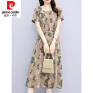 皮爾卡丹連衣裙棉質(zhì)綢長(cháng)裙夏季中長(cháng)新款女中年過(guò)膝碎花棉麻a字裙小個(gè)子女 卡其色 XL 【建議115-125斤】