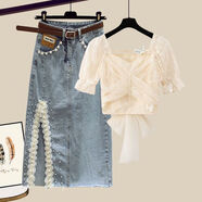 翎艷小個(gè)子上衣高級感感夏季小香風(fēng)洋氣套裝女法式一字領(lǐng)雪紡衫復古牛 杏色上衣+牛仔裙【套裝 配腰帶 S