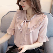 索宛亦（SUOWANYI）蝴蝶結雪紡衫女短袖2021年夏季新款V領(lǐng)白襯衣女士喇叭袖上衣小 粉色 L