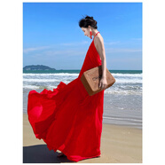 ANGEL MOOD海邊度假長(zhǎng)裙氛圍拍照女神穿搭大擺飄逸仙氣套裝仙女范沙灘裙子夏 大紅色 L