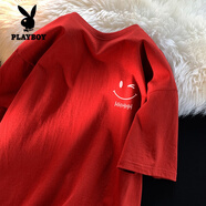 花花公子（PLAYBOY）純棉笑臉短袖t恤男款潮牌2025夏季新款男士寬松白色印花半袖衣服 酒紅色 4XL