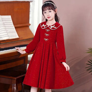 麥庫兜女童連衣裙冬季3-15歲兒童紅色新年衣服中大童氣質(zhì)時(shí)尚禮服連衣裙 紅色 170 cm