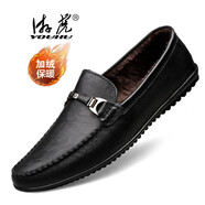 游虎（YOUHU）休閑皮鞋男真皮軟底豆豆鞋套腳懶人駕車(chē)鞋百搭四季男鞋冬季加絨保暖棉鞋 黑色【1818加絨】 40